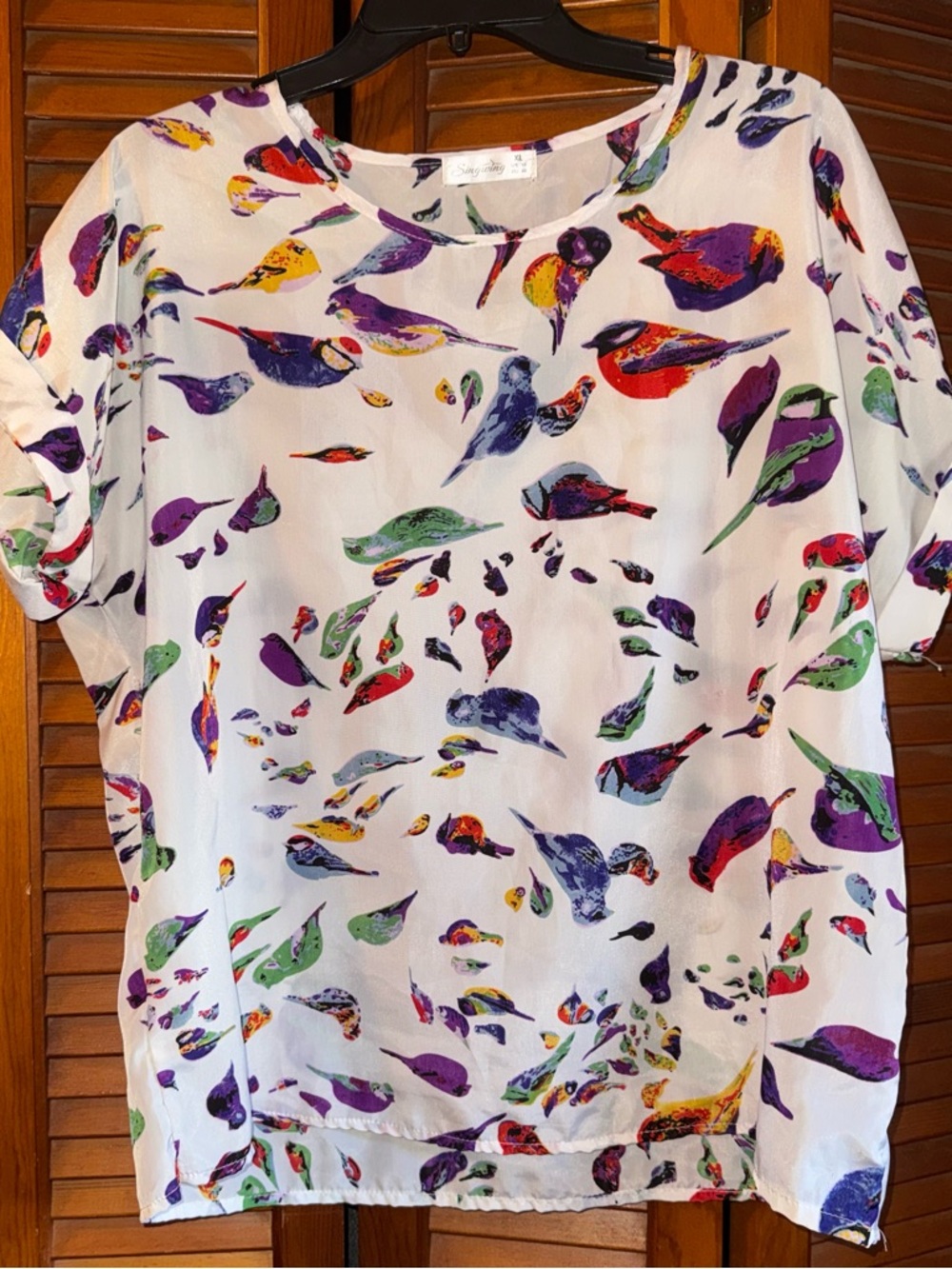 Bird Print Sheer Blouse in White with Multicolor Birds